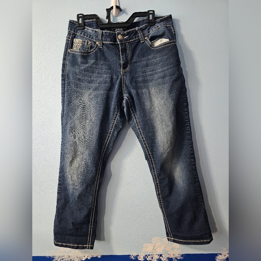 Love Indigo Capri Jeans Size 12, Embellished Pockets, Dark Denim